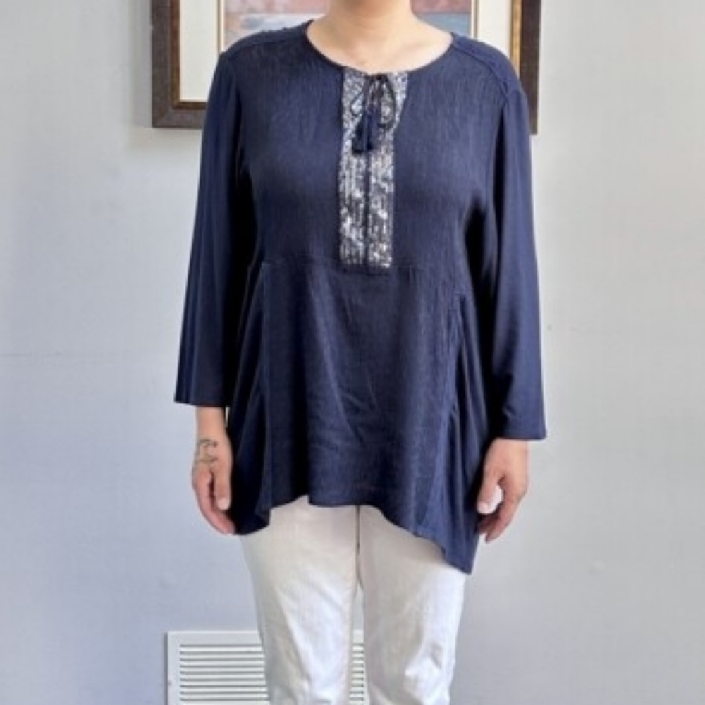 CHICOS Navy Office Glam holiday party Whimsigoth Floral Blue Sequin Blouse